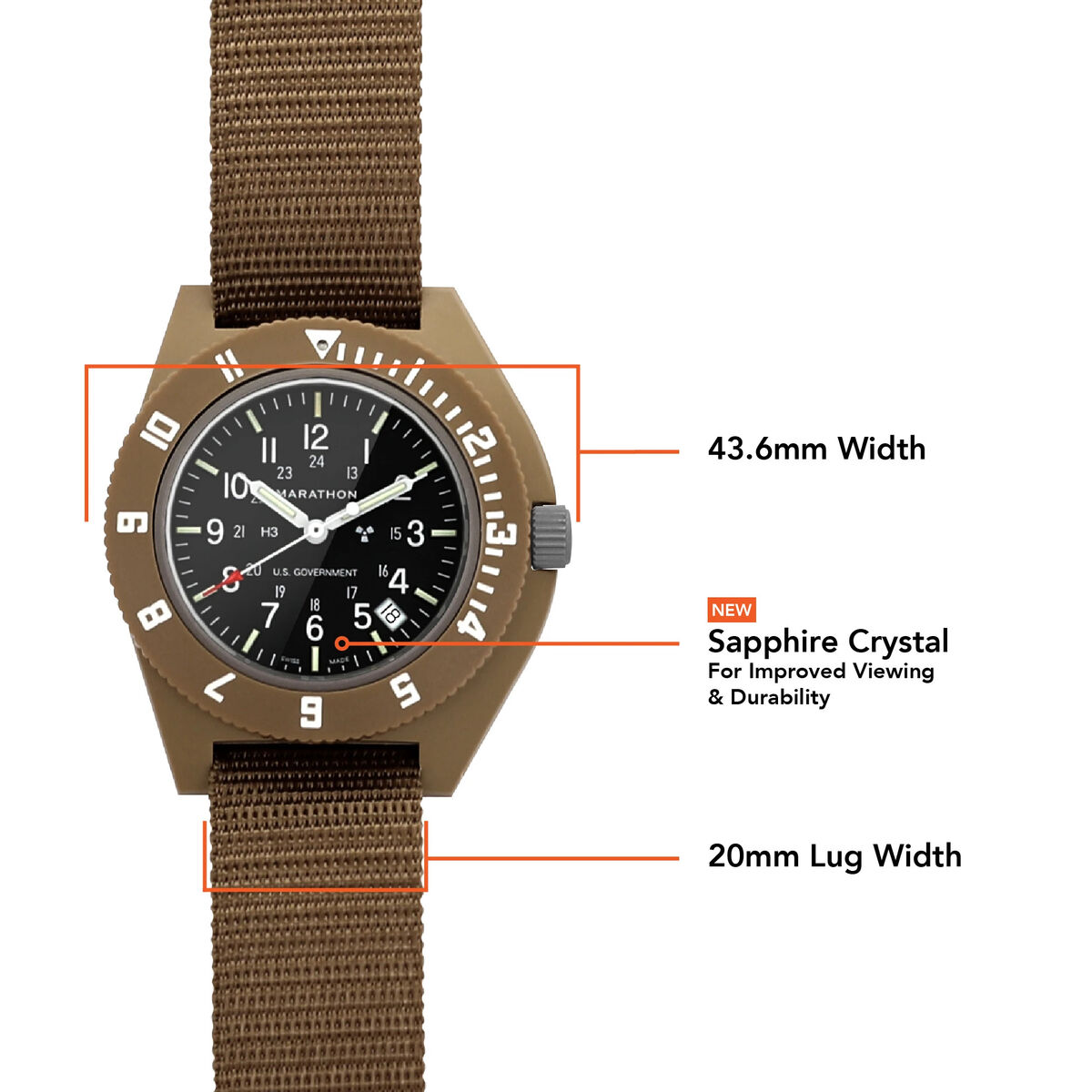 Marathon Pilot Navigator Watch with Date - Desert Tan & US Government Markings